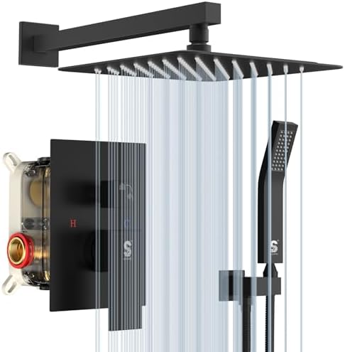SR Sun Rise 10 Inches Matte Black Shower System Wall Mounted Shower Faucets Sets Complete. Contain Shower Faucet Rough-in Valve Body and Trim Kit