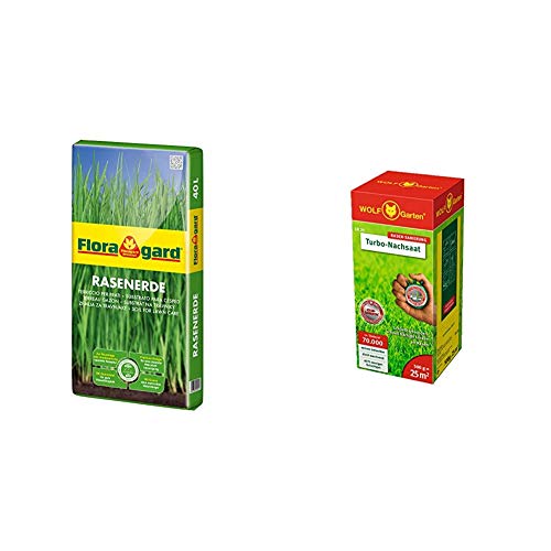 Floragard Rasenerde 40 L • hochwertige Spezialerde • zur Neuanlage, Pflege und Ausbesserung von Rasenflächen • mit dem Naturdünger Guano • mit Quarzsand & WOLF-Garten - »Turbo-Nachsaat« LR 25; 3826020