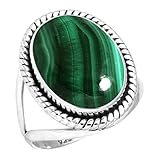 Anillo de plata Jeweloporium con malaquita verde, talla 19, anillo de plata de ley 925 para mujer, auténtica piedra preciosa ovalada gruesa, joyería bohemia.