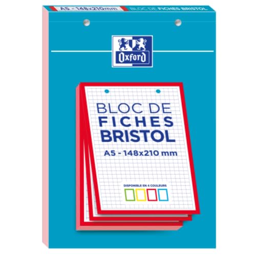 Lot de 10 Bloc collé de 30 fiches perforées A5, en bristol blanc 210 g/m², quadrillé 5x5, bords rouges