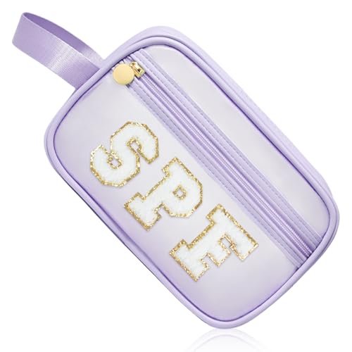 Image of COSHAYSOO Clear Sunscreen Bag Makeup Toiletries Pouch Beach Vacation Essentials Summer Travel Stuff Accessories Personalized Graduation Gifts for Her Women College Teen Girls Teacher Nurse Purple SPF
