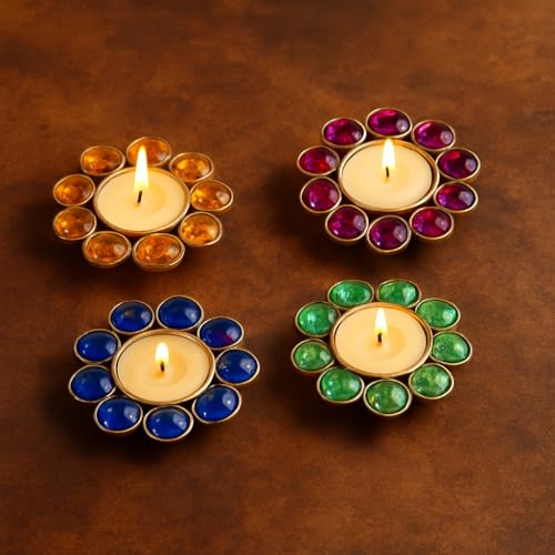 Image of CraftVatika Colorful Crystal Tealight Candle Holder Set of 4 | Home Decor, Diwali Decoration Items, Festive Decor, Pooja & Gifting | Multicolor Metal Tlight Holders for Home Pooja Decoration Items