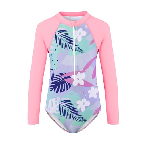 Image of Zando UPF50+ Girls Long Sleeve One Piece Swimsuit with Zipper - Rash Guard for Teens Toddler Kids 2-15 Years