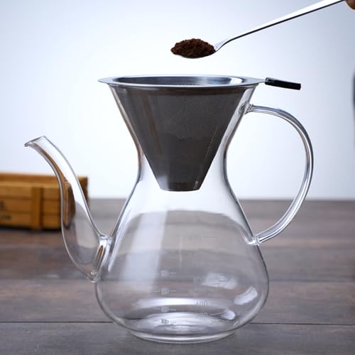 Image of Pour Over Coffee Maker, Permanently Use The Pour Over Coffee Dripper [Newest] Borosilicate Glass Water Bottle Coffee Pot, With Stainless Steel Filter Hand Punch Coffee Pot Set 14oz / 400Ml | Thickened Heat-Resistant Borosilicate Glass Dripper, Double Stainless Steel Filter, Hand Punch Coffee Pot Set