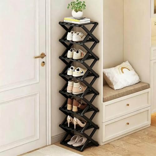 XZXWZX Schuhregal Schmal Schwarz,Klein Faltbar,Bambus,Platzsparend,Regal für Eingangsbereich, Schlafzimmer, Schrank, Wohnzimmerecke(8 Tier) – Ansicht 1