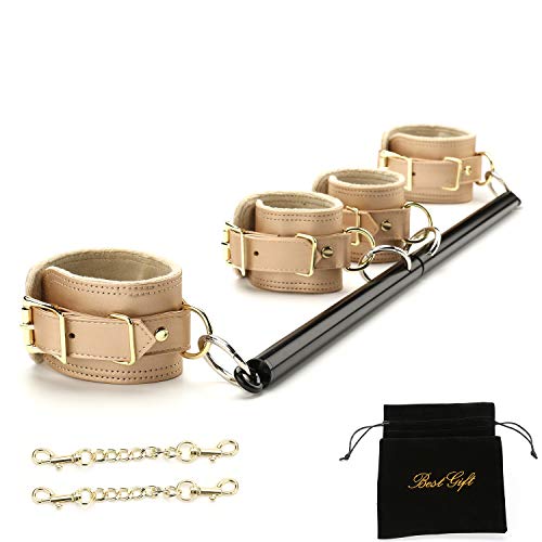 EXREIZST Silver Spreader Bar with 4 Blue Leather Straps Set Adjustable Bar Training Tools Set Kit (Black/Gold)