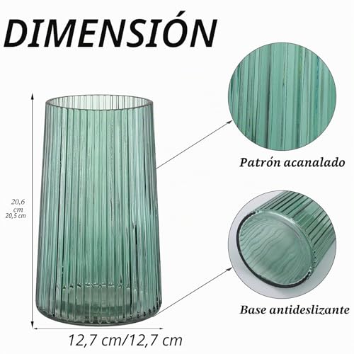 Miniatura 7 de Kayletin Jarrón De Cristal Verde Para Flores, Jarrón De Flores De Cristal, Jarrones Para Ramo, Jarrones Acanalados Modernos Para Dormitorio, Sala De Estar, Oficina, Estantería, 20 Cm