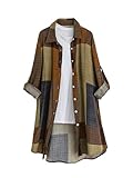 SHENHE Women's Plaid Patchwork Button Down Shirt Long Sleeve Flowy Tunic Top Shacket Shirt Khaki Medium