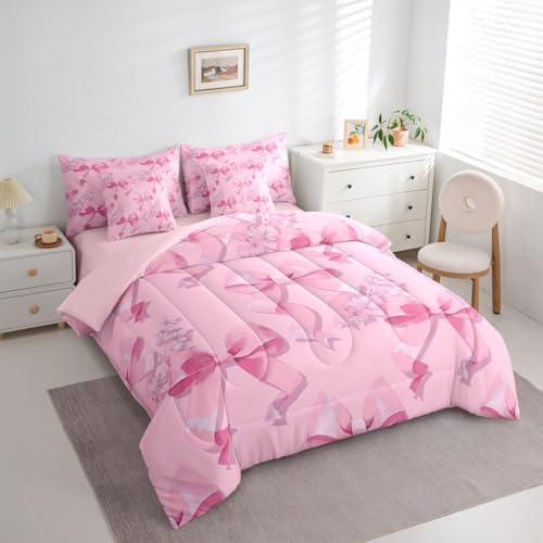 Image of Pink Bow 7 Piece Comforter Set Full Bed in a Bag | Cute Bowknot Bedding Sets Dreamy Princess Style Ribbon Bow Tie Comforter and Sheet Set, Girly Floral Bed Sets,Kawaii Room Decor Aesthetic