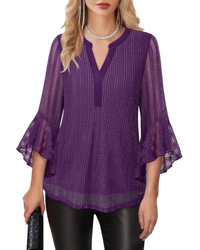 Lotusmile Purple Blouses for Women: Fancy Top - Formal Tops for Women Elegant Evening 2025 Fall Blouses Elegant Classy Dressy Tops for Wedding Guest Bell Sleeve Disco Top Fancy Party Shirts