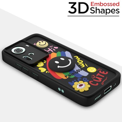 Image of Pikkme Back Cover for Oppo Reno 11 5G | Soft Silicone| Cute Rainbow Smile & 3D Cartoon Flower Design | Shockproof Raised Camera Protection Bumper Case (Black)