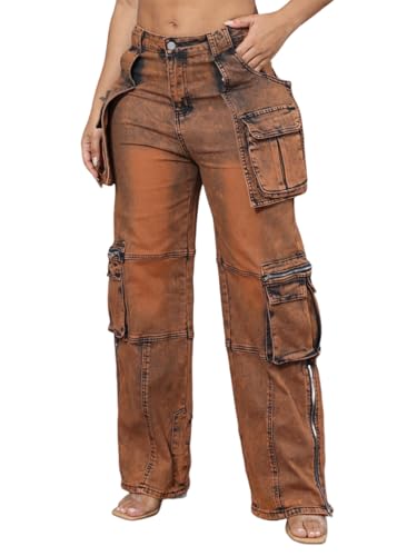 Ryehack Jeans Cargo Pants for Women Y2K Straight Leg Side Zipper Denim Pants with Pockets Stretch Jeans Streetwear