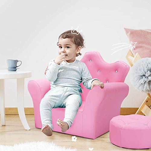 Glacer Kids Sofa With Ottoman, Kids Pink Couch With Embedded Crystal & Pvc Leather, Upholstered Child’s Crown-Back Armchair, Baby Sofa Chair Seat Furniture, Princess Chair For Toddler Girls #TOP7
