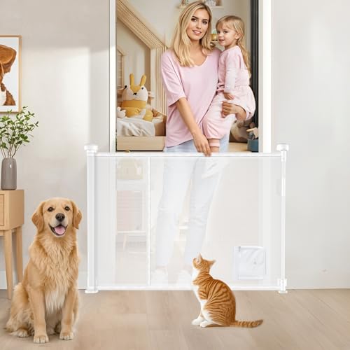 Image of Retractable Baby Gates, Baby Gate Extra Wide with Cat Door, No Drilling Retractable Baby Gates Extends to 55" Wide and 34" Tall, Child Gates for Doorways, Indoor, Outdoor, Hallways, White