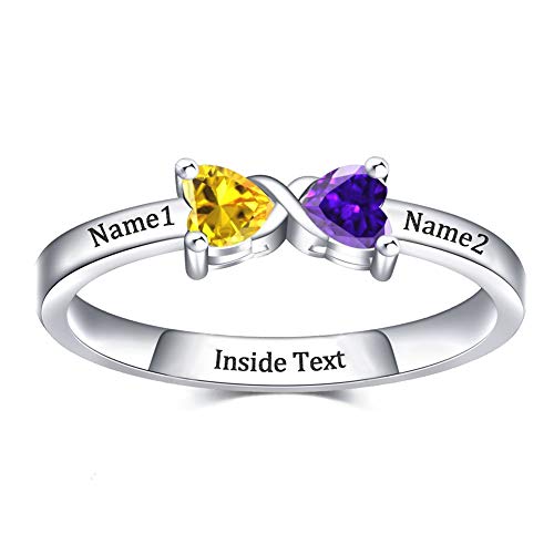 Personalized Name Ring,Couples Unique and Heart Birthstones Name Ring,Jewelry for Wife Mom Girlfriend(SILVER)