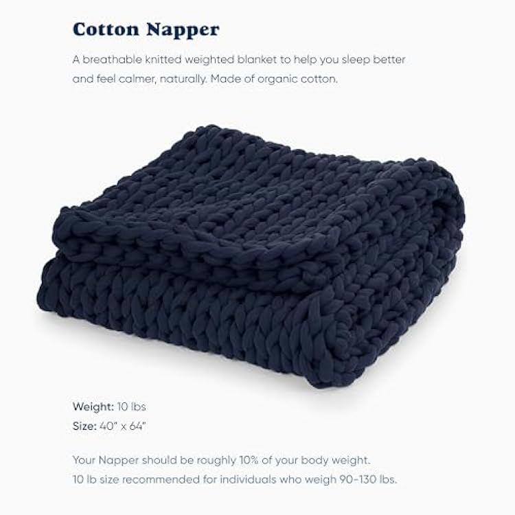 Bearaby Cotton Hand-Knit Weighted Blankets for Adults - Chunky Knit Blanket - Sustainable, Breathable, Organic, Cooling Weighted Blanket - Machine Washable (Midnight Blue, 10 lbs, 40x64)