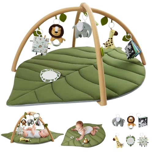 Image of Blissful Diary Baby Play Gym & Activity Mat, Oversize Leaf Shaped Baby Play Mat w 6 Detachable Toys, Tummy Time Mat Promote Motor Skills & Sensory Development Mat, Newborn Infant Baby Essentials Gift