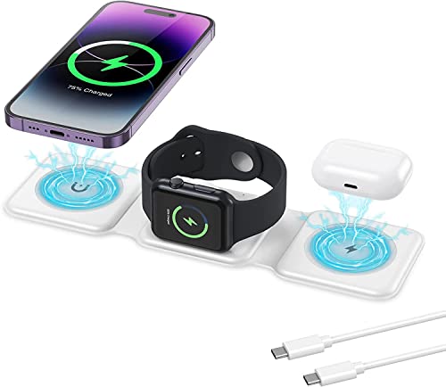 3 en 1 Cargador inalámbrico Rápido, ORIA Soporte de Carga Magnético Plegable, 15W Rápido Carga Inalambrica, Compatible con iPhone Airpods iWatch - Blanco Cover