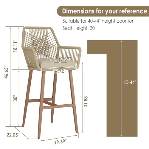30'' Outdoor Counter Height Bar Stools Set of 4, Rattan Bar stools Boho Woven Patio Bar Stools with Backrest and Aluminum Legs, Modern Outdoor Patio Garden Pool Bar Chairs（Begie）