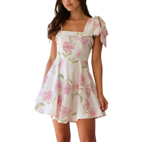 Image of Women Tie Shoulder Mini Dress Floral Ruffle Babydoll Dress Boho Square Neck Sundress Cute Summer Dresses
