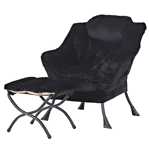 Image of Tiita Lazy Chair with Ottoman, Black Modern Large Accent Chair, Comfy Leisure Sofa Armchair with Ottoman, Reading Chair with Footrest for Bedroom, Living Room, Dorm Rooms, Plush Black