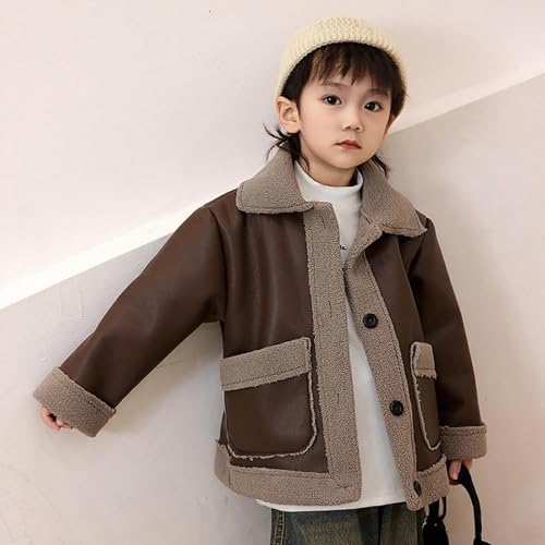 Xiaojmake Boys' Toddler Faux Leather Jacket Casual Button Down Lapel Faux Suede Coat Long Sleeve Fleece Sherpa Lined Jackets4