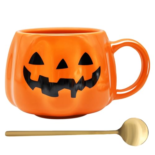 CharmBurst Pumpkin Mug Halloween 12oz Ceramic Mug With Black Face Cute Coffee Mug Autumn Pumpkin Shape Mug For Autumn Decor Birthday Drinking Mug