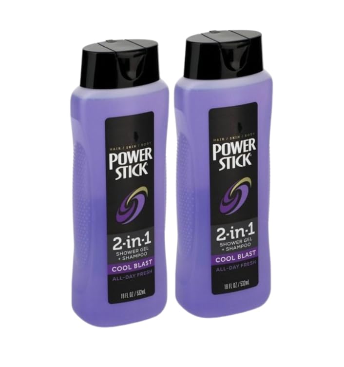 Power Stick 2-in-1 Shower Gel + Shampoo, Cool Blast, 18 fl oz (532 ml), All-Day fresh. (2 packs)