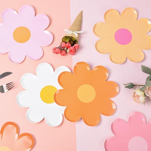 Image of 48Pcs Groovy Daisy Paper Plates Floral Shaped Scalloped Dinner Plates