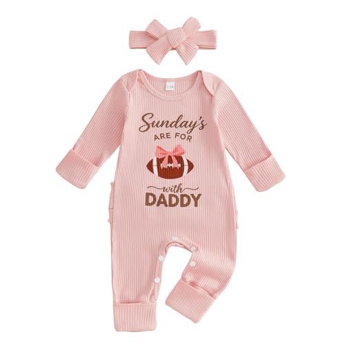Lamuusaa Newborn Baby Girl Football Outfit Long Sleeve Sundays Are for Football Romper Jumpsuit Headband Infant Fall Clothes (Pink 0-3 Months)