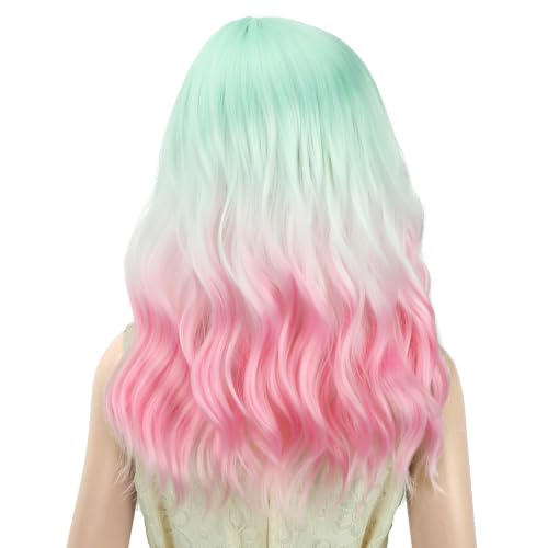 Image of PATTNIUM Rainbow Short Curly Wavy Wigs for Kids Girls Green White Pink Ombre Heat Resistant Synthetic Wig Halloween Cosplay Costume Party Wigs