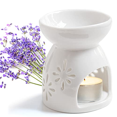 Keramik Duftlampe für ätherische Öle, Aromalampe mit Teelichthalter, Duftöl Diffusor mit Blumenmuster, Aroma Diffuser Räucher Zubehör – 9,5×7,5×5,3 cm