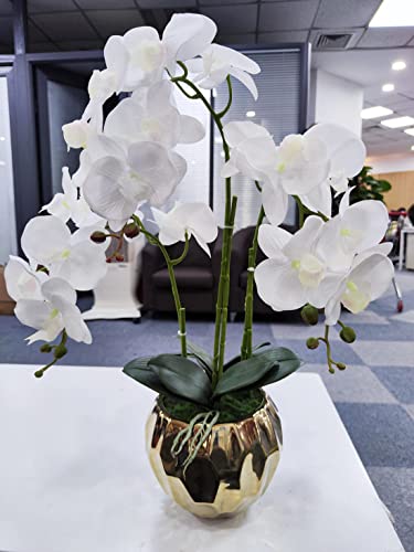 Fake Orchid 23" White Orchid Artificial Flowers Fake Plants Large Artificial Orchid Real Touch Flower Fake Flowers In Vase Mothers Day Flowers Table Centerpiece Gold Vase Faux Flowers Decor Indoor #TOP1