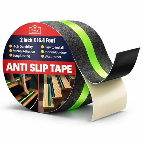 TrendyHome Anti Slip Grip Tape, Self-Adhesive Glow in Dark, Safety Tape for Stairs, Non-Slip Traction Tapes With Glow In The Dark for Indoor or Outdoor Slippery Surfaces, Black (2 Inch X 16.4 Foot)