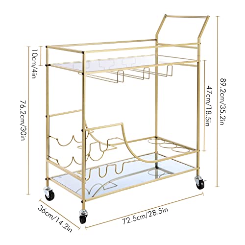 Xcsource Bar Carts,With 2 Curtain Wall Glass And 2 Storage Shelves,Metal Wine Cart With Glass And Bottle Holders, Serving Cart Equipped With Universal Wheel, For Kitchen, Living Room, Club, Gold #TOP3