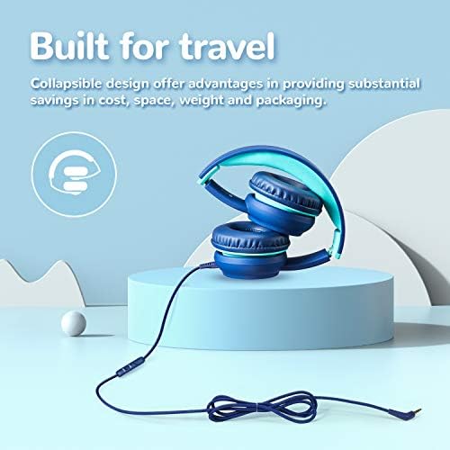 iClever Kids Headphones, Children Headphone, Volume Limiter with Mic, Foldable Headphones, 3.5mm Aux Nylon Cable, Children Headphones On Ear for Tablet, Airplane, School (Blue)