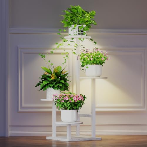 Image of Homsorout Plant Stand Indoor with Grow Light, 4-Tiered Tall Plant Stand Indoor, Metal Plant Shelf with Adjustable Light, Ideal for Living Room, Garden, Patio white