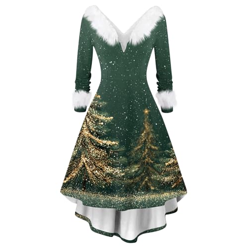 Womens Christmas Dresses A Line Cocktail Party Retro Swing Dress V Neck Long Sleeve 1950s Vintage Midi Dresses