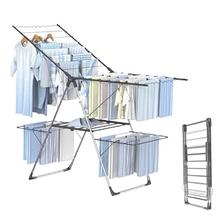 Innotic Étendoir Linge Intérieur Extérieur, Séchoir à Linge Pliable à 2 Niveaux, 4 Ailes Réglables en Hauteur, Tancarville Linge XXL, 33 Barres, Gris