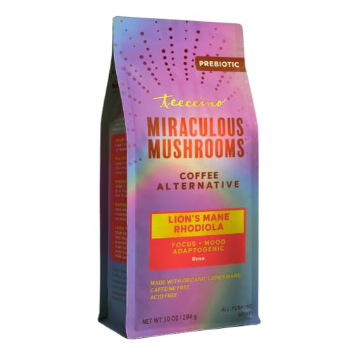Teeccino Lion’s Mane Rhodiola Rose Mushroom Herbal Coffee — 10 oz Ground