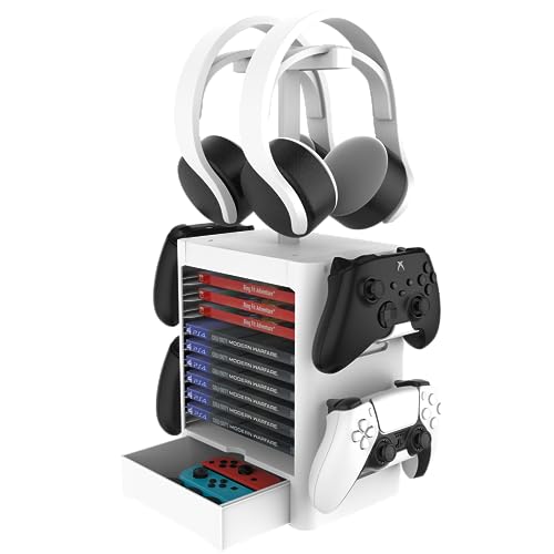 EJGAME Multifunctional Game Disk Storage Tower Holder,Game Disk Rack and Controller/Headset Stand Holder Compatible with Xbox Series X/Nintendo Switch/PS5/PS4-White