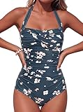 Smismivo Traje de Baño de Una Pieza para Mujer Halter Push Up Bañadores Mujer Natacion Vintage Retro Slim Elegante Bañador Control del Vientre Bañador Flores Verdes oscuras