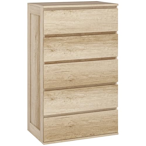 HOMCOM Commode 5 tiroirs Commode Chambre Meuble de Rangement épuré Style Moderne, pour Chambre à Coucher, Salon - 60 x 38 x 100 cm, Bois Naturel
