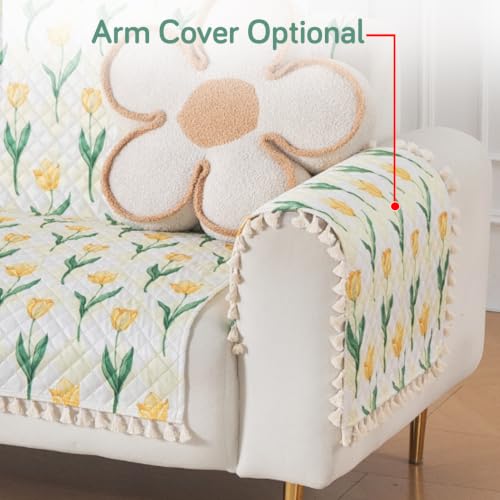 Image of HOKIPO Tulip Blossom Quilted Sofa Cover for 2 Seater with Tassels for Seat & Back, 'Tassel Twigs' Series (IN-990-T4)