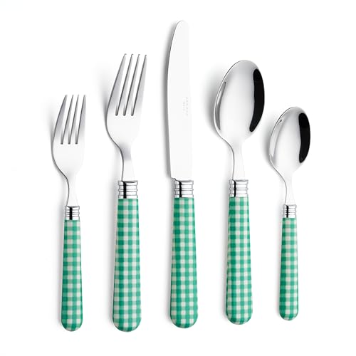 ANNOVA Silverware Set 20 Pieces Cutlery Stainless Steel Colorful Fun Handle Flatware Service for 4 - Dinner Knife, Dinner Fork, Salad fork, Dinner Spoon, Dessert Spoon (Checker Green, 20 Pieces)