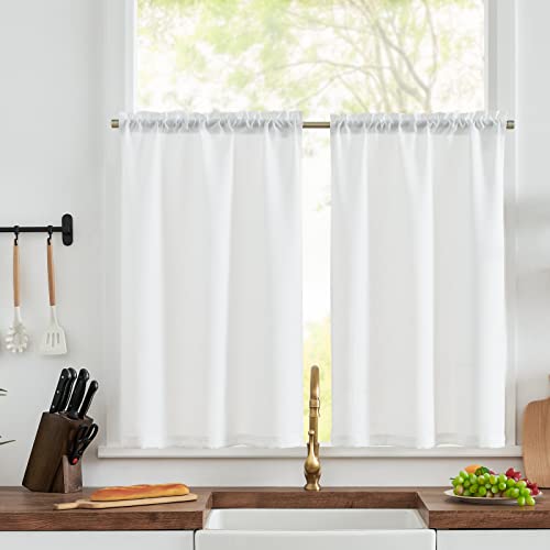 TOPICK Cortina de Cocina con Gasa Blanco con Bolsillo para Varilla Aspecto de Lino Translúcidas Aptas para Cortinas de Bistro Casa Campo Salón Ventanas Pequeñas Juego de 2 Unidades 63 x 60 cm