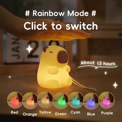Image of Mini Capybara Night Light, 7 Colors Dimmable Bedside Lamp, Touch Control Night Lamp, Used for Camping Party Room Decor (Mini Capybara)
