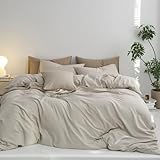 MooMee Queen Duvet Cover Set, 100% Washed Cotton Linen Like Twill Thick Sturdy Material Super Soft Breathable Durable Bedding for All Season, 3 Pieces (Cream Grey, Queen 90'x90')