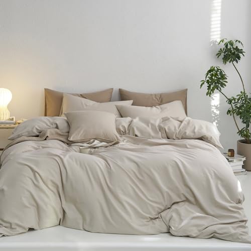 MooMee Upgraded Softer Duvet Cover Set 100% Washed Cotton Twill Queen