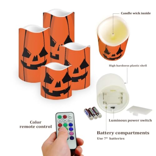 Image of Halloween Pumpkin LED Flameless Candles | 4 Pack LED Flickering Battery Operated Color Changing Electric Pillar Candles for Living Room Halloween Home Decoration